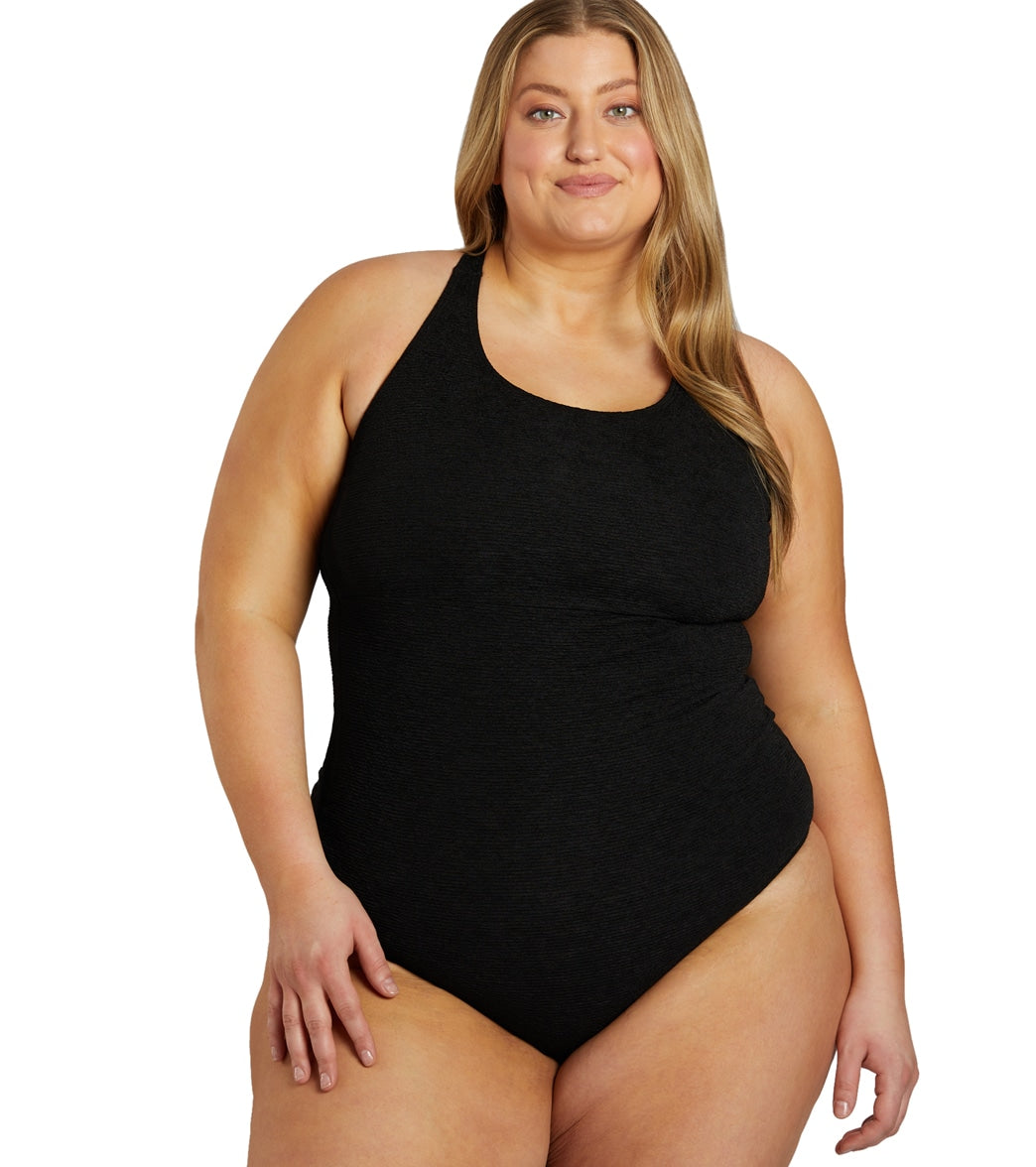 Sporti Plus Size Textured Chlorine Resistant High Neck One Piece Slimsuit  II at