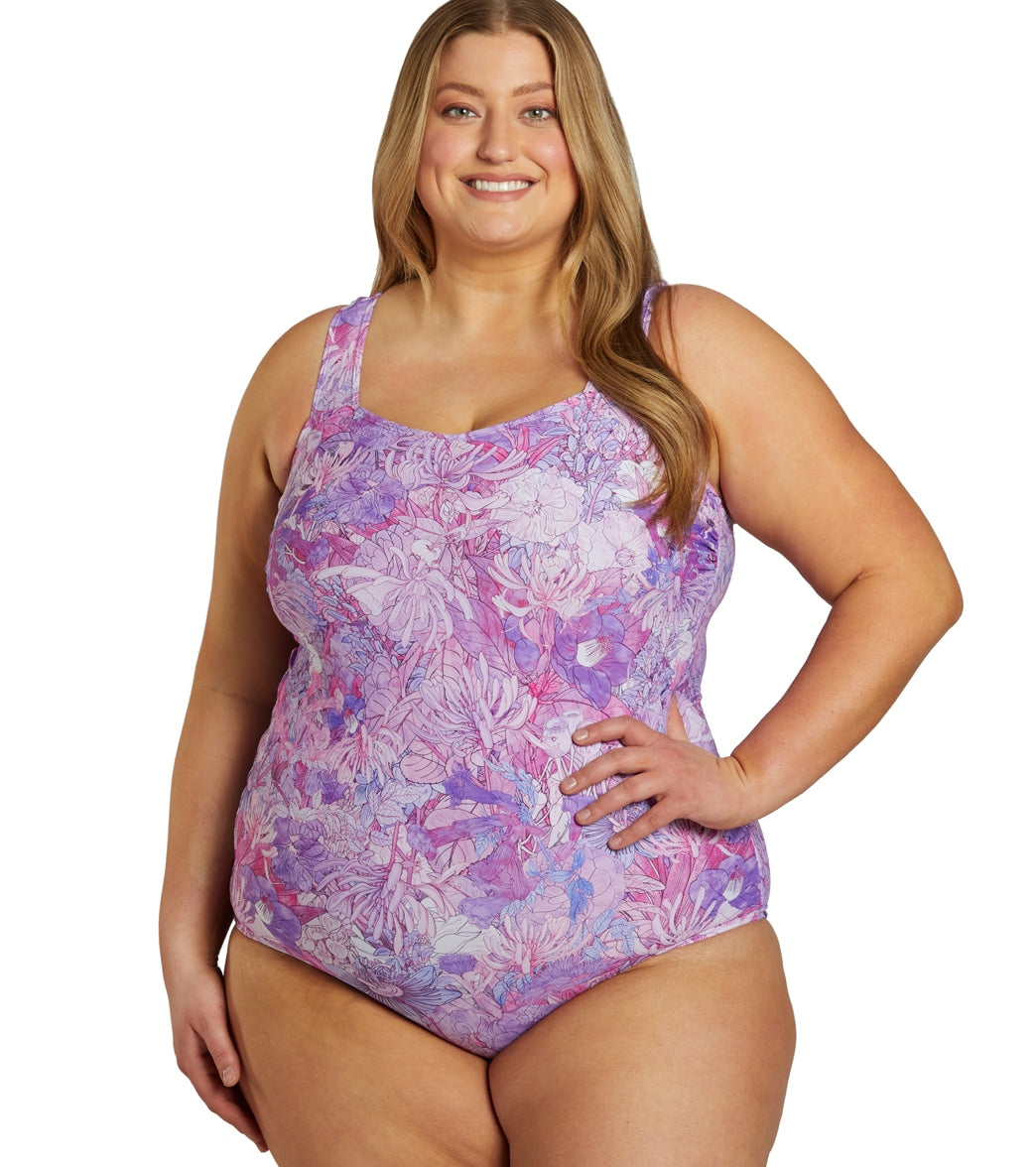 Sporti Plus Size Jungle Floral Moderate Printed Sweetheart One Piece Swimsuit