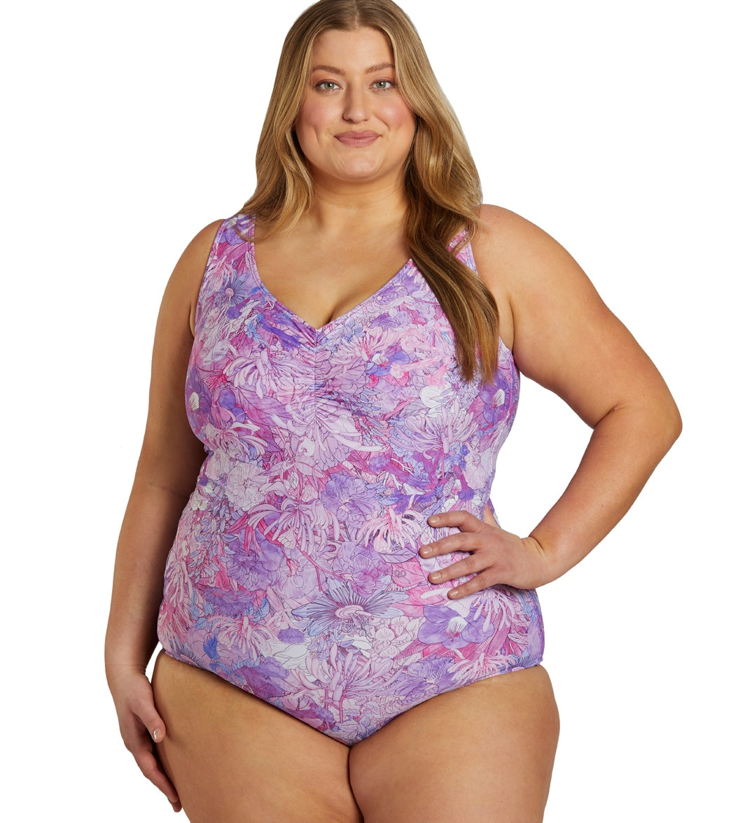 Sporti Plus Size Jungle Floral Conservative Printed Girl Leg One Piece Swimsuit
