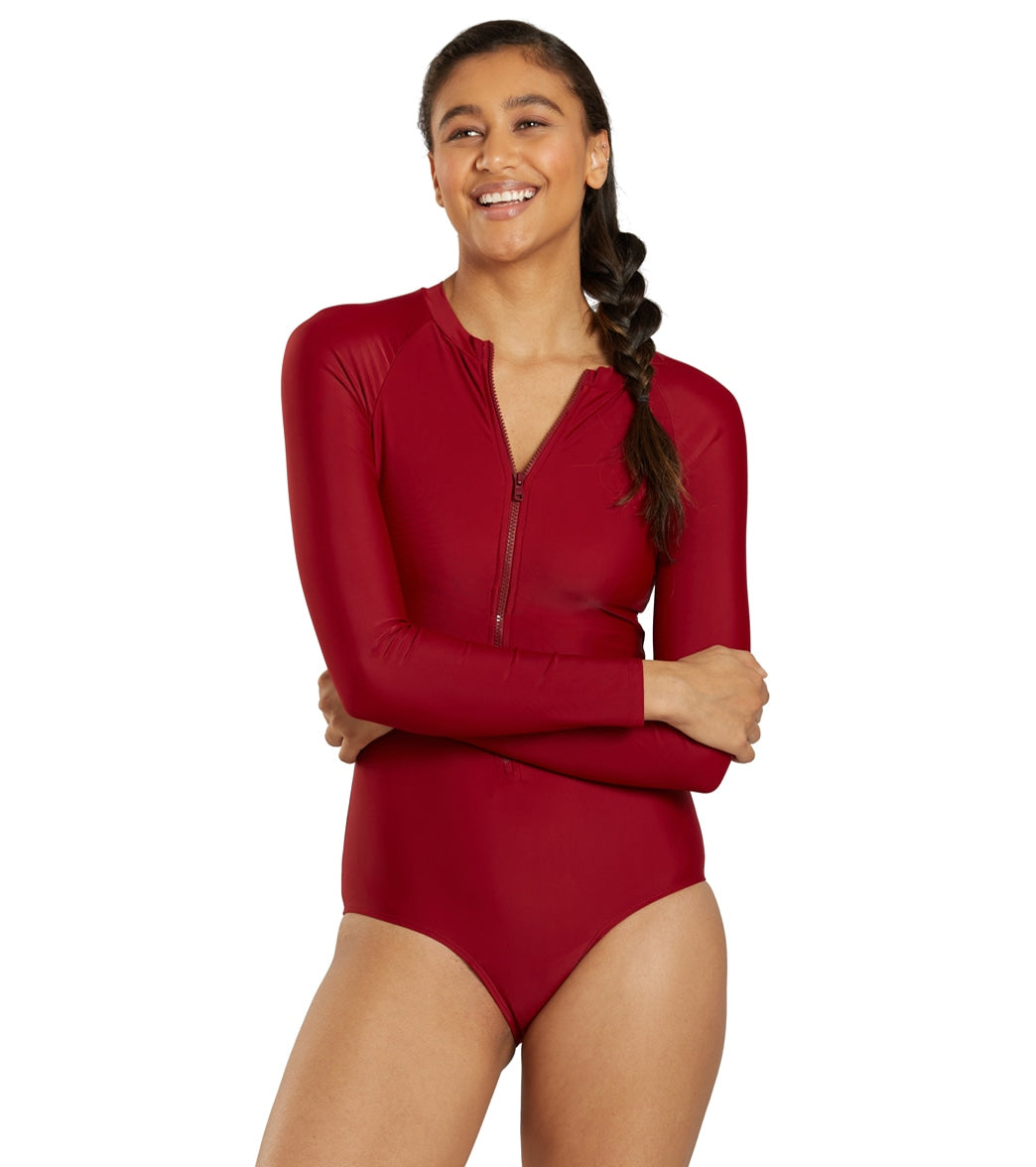 Sporti Active Solid Zip Front Long Sleeve One Piece Swimsuit