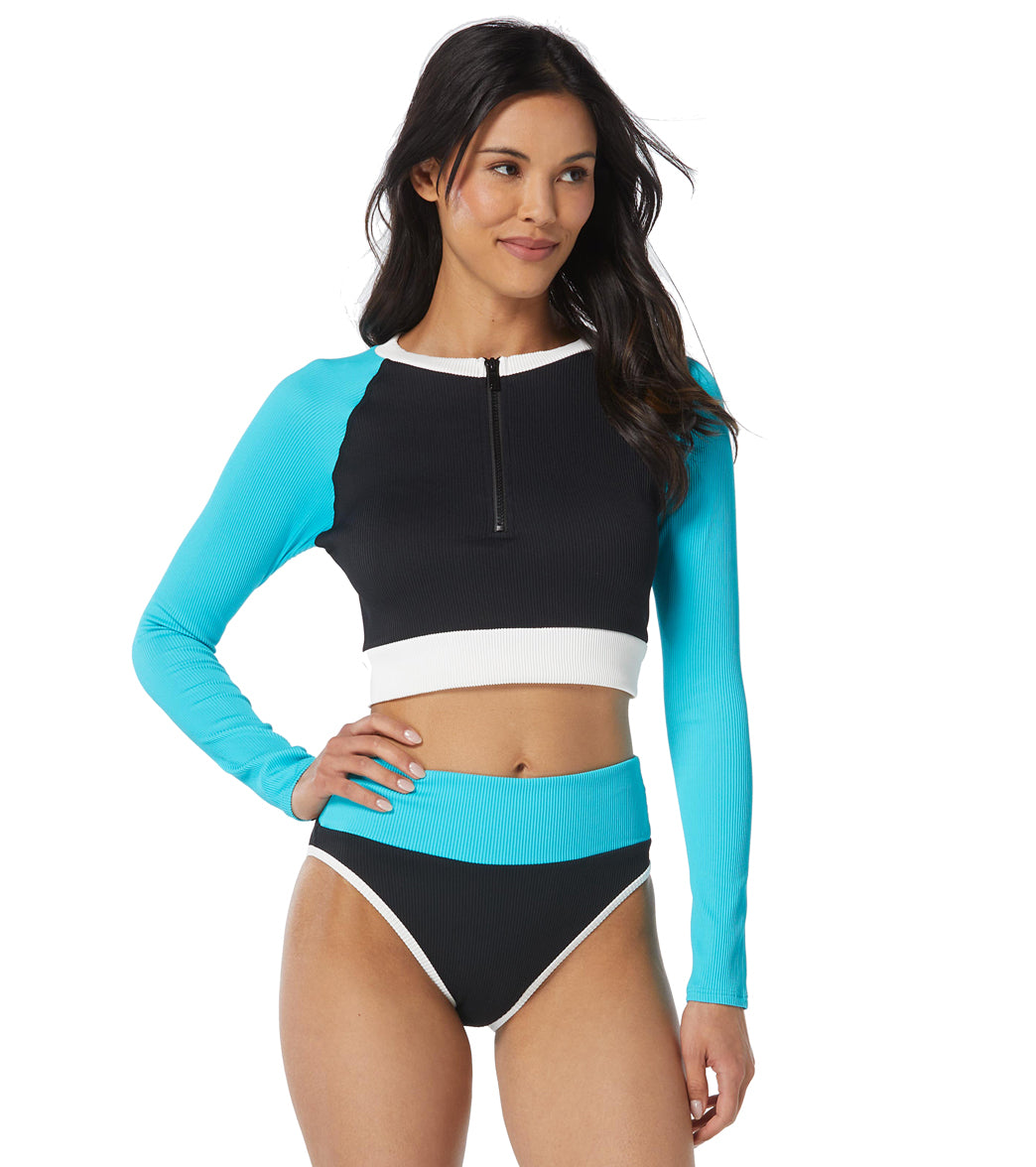 Beach House Women's Color Block Ribbed Nadi Top Long Sleeve Front Zip Swim  Top at
