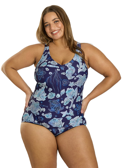 Sporti Plus Size Neptune's Reef Conservative Printed Girl Leg One Piece Swimsuit