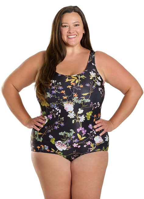 Sporti Plus Size HydroLast Moonlit Flora Chlorine Resistant Conservative Scoop Back One Piece Swimsuit