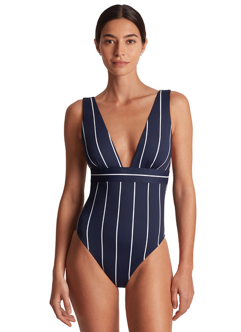 Lauren Ralph Lauren Women's Villa Stripe Banded Modern V Neck One Piece Swimsuit