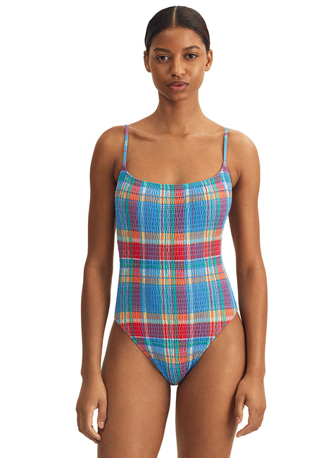 Polo Ralph Lauren Women's Smocked Madras Kennedy One Piece Swimsuit