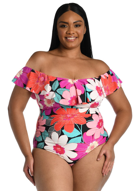 La Blanca Women's Plus Size In Full Bloom Off The Shoulder One Piece Swimsuit
