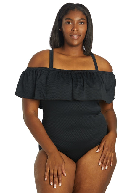Fit4U Women's Plus Size Solid Texture Off Shoulder Tank One Piece Swmsuit