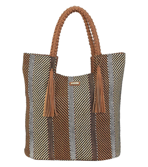 Sun N Sand Striped Shoulder Tote w/ Faux leather Tassels