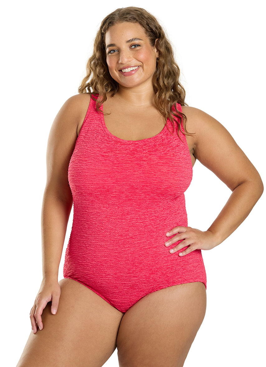 Women's Krinkle By Penbrooke Plus Size Chlorine Resistant Cross Back One Piece Swimsuit - Geranium