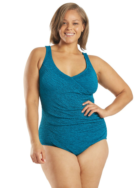 Krinkle By Penbrooke Plus Size Chlorine Resistant Mock Surplice One Piece Swimsuit