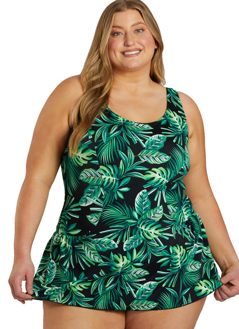 Sporti Plus Size Tropical Palm Leaf Swim Dress