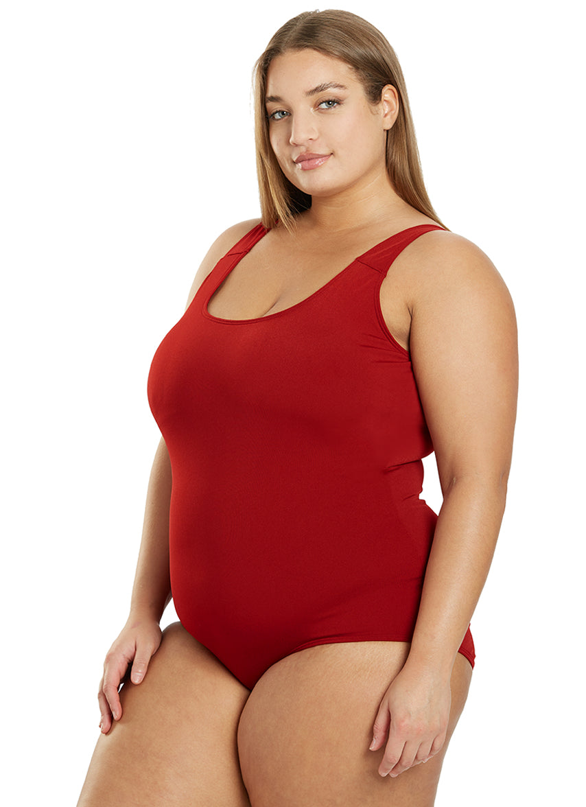 Sporti Plus Size HydroLast Chlorine Resistant Moderate Scoop Back One Piece Swimsuit - Cabernet