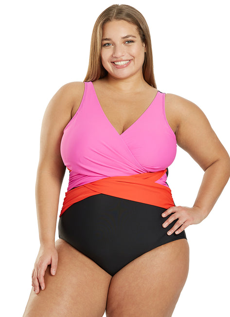 Sporti Plus Size Marina Criss Cross Tummy Control One Piece Swimsuit