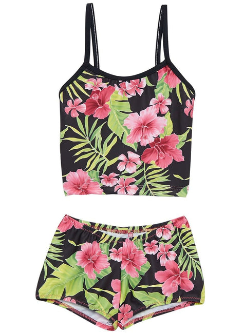 Tidepools Girls' Hibiscus Black Surf Bottom Two Piece Tankini Set (Toddler, Little Kid, Big Kid)