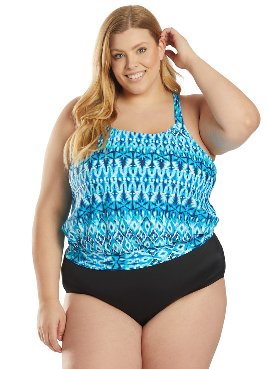 Sporti Plus Size Valentina Ikat Blouson Tankini Top at