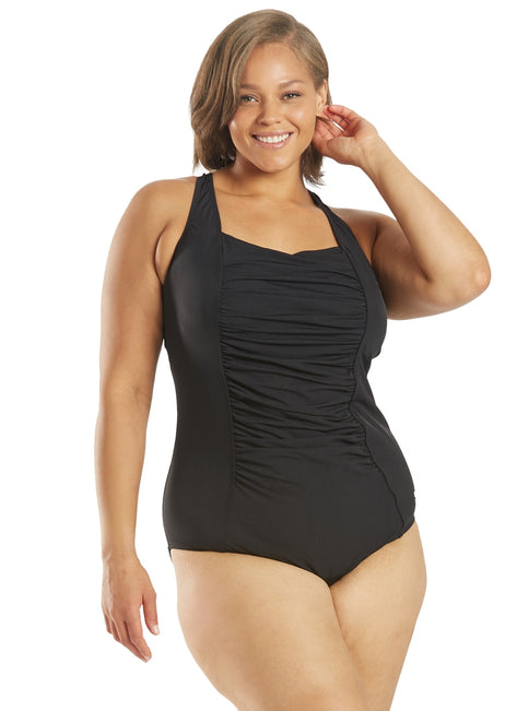 Speedo Women's Plus Solid Shirred Tank One Piece Swimsuit