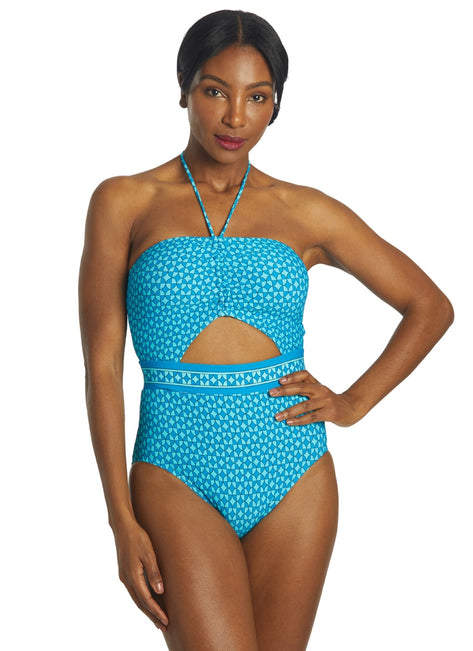 Michael Kors Women's Geo Print Bandeau Cut Out One Piece Swimsuit