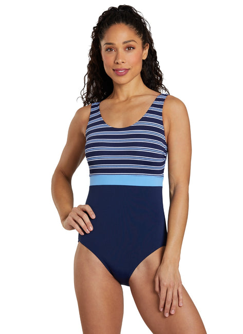 Dolfin Women's Aquashape Color Block Moderate Scoop Back Chlorine Resistant One Piece Swimsuit