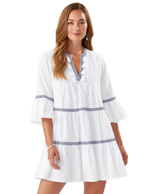Tommy Bahama Women's Cotton Clip Jacquard Embroidered Tier Cover up Dress