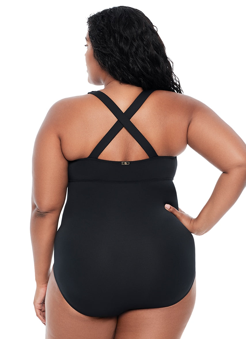 one piece swim dress plus size Lauren Ralph Lauren Women's Plus Size Beach Club Plunge One Piece Swimsuit  - Black