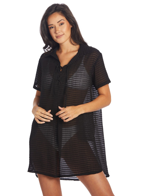 J.Valdi Women's Santa Barbara Short Sleeve Laceup Big Shirt Cover Up