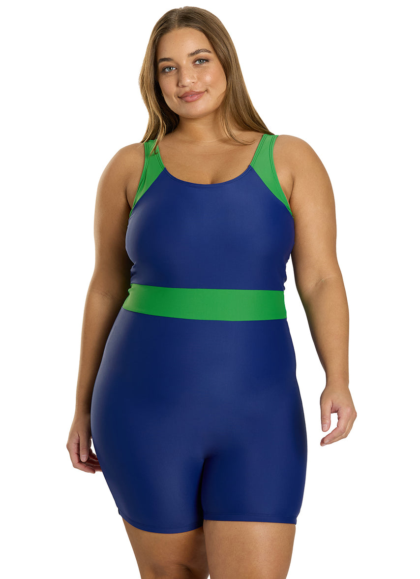 one piece swim dress plus size Sporti Plus Size Colorblock Unitard One Piece Swimsuit, High Cut, Removable Cup (Women's Plus)