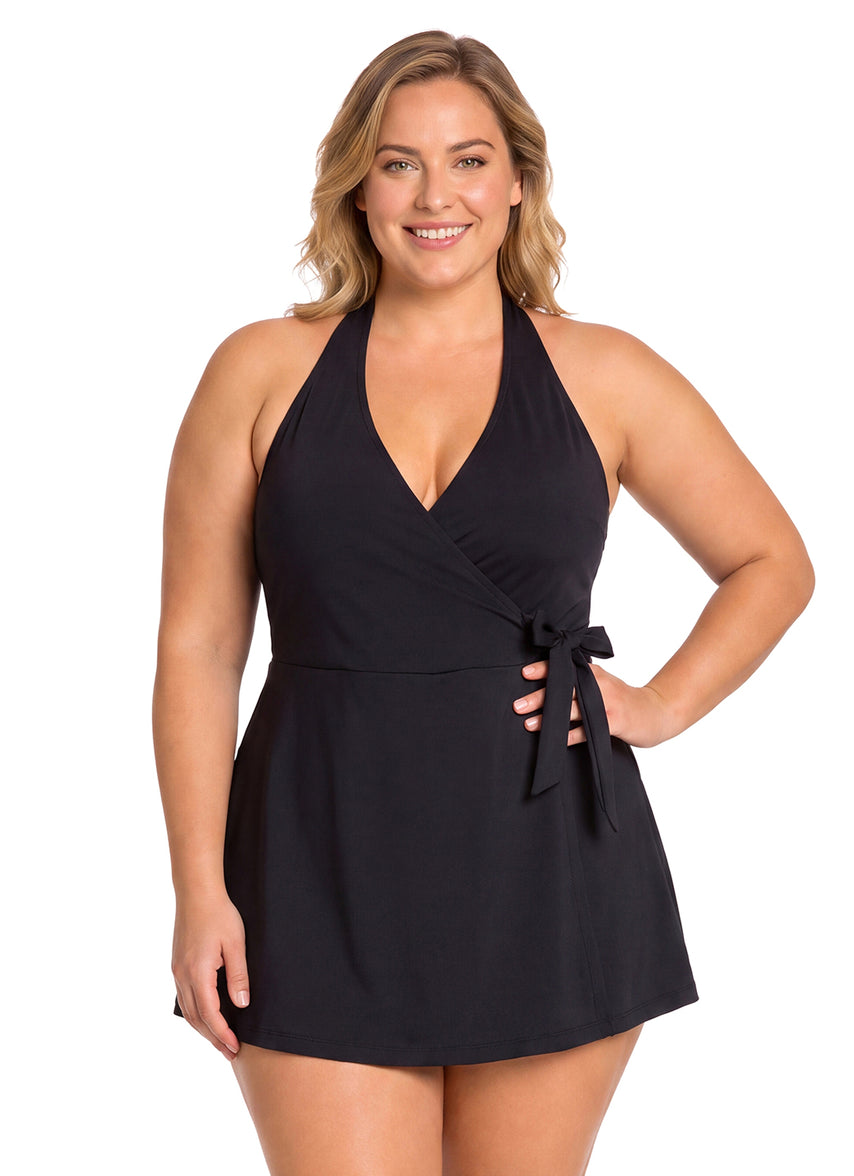 black halter swim dress Dolfin Women's Aquashape Solid Wrap at Maybell Dress Still not sure about Size:13 Wide Blue Bias Cut Stretch