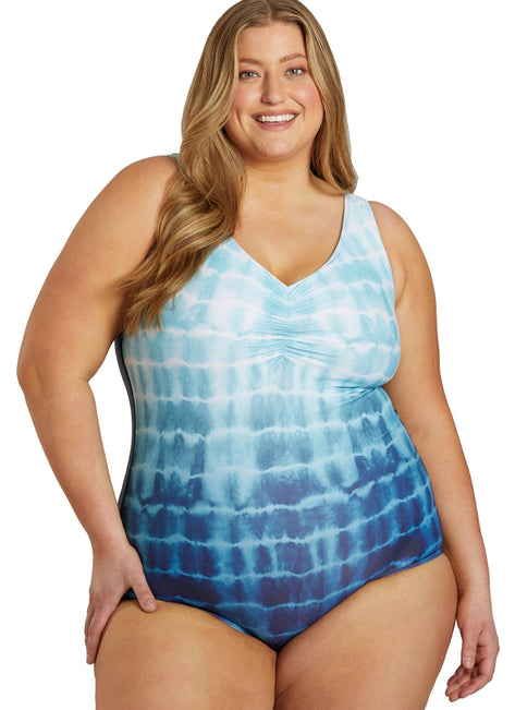 Sporti Plus Size Shibori Conservative Printed Ombre Girl Leg One Piece Swimsuit