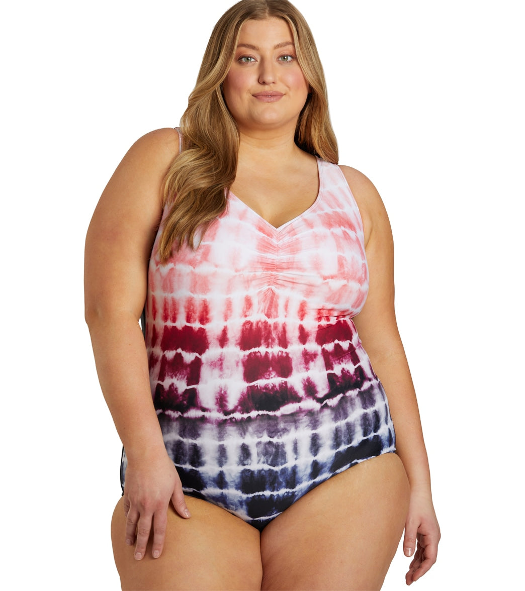 Sporti Plus Size Shibori Conservative Printed Ombre Girl Leg One Piece  Swimsuit at SwimOutlet.com