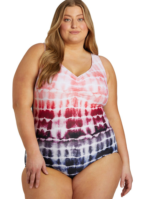 Sporti Plus Size Shibori Conservative Printed Ombre Girl Leg One Piece Swimsuit