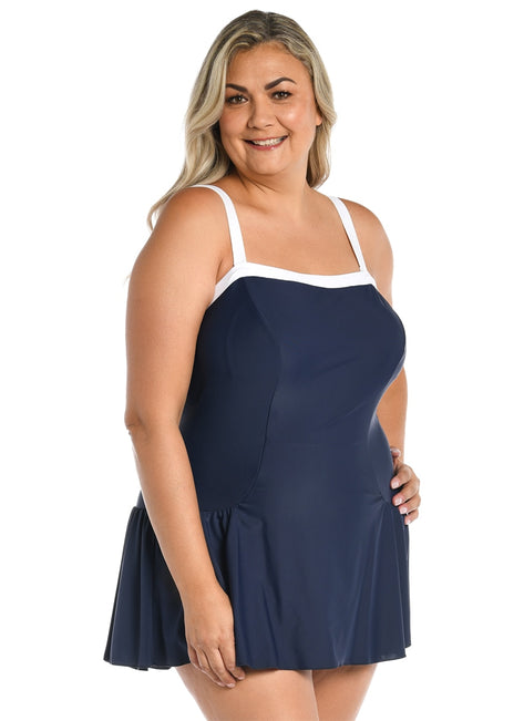 Maxine Women's Plus Size Solid Bandeau Princess Seam Swim Dress