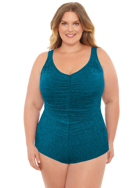 Penbrooke Krinkle Plus Size Chlorine Resistant Girl Leg One Piece Swimsuit