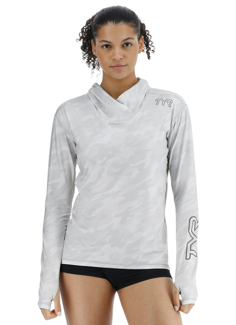 TYR Women's Camohex SunDefense Long Sleeve Hooded UPF 50+ Swim Shirt