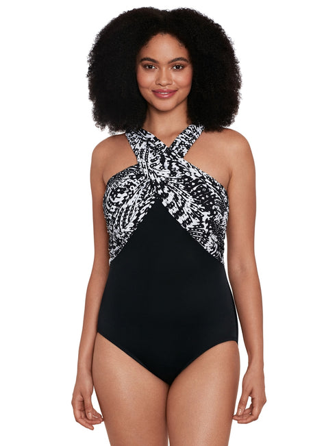 Longitude Women's Flutter Crossover Draped Tank Long Torso One Piece Swimsuit