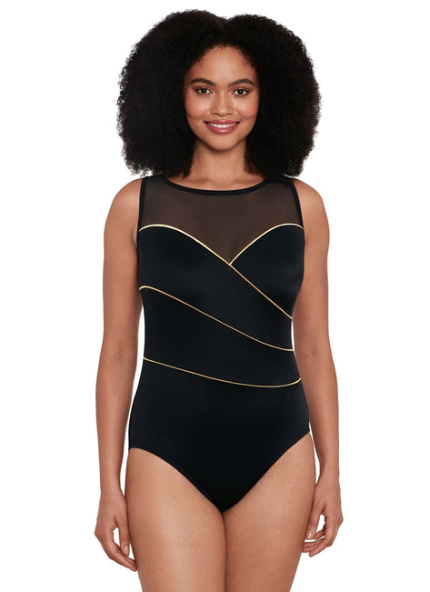 Longitude Women's Pipping The Wave Mesh High Neck Long Torso One Piece Swimsuit