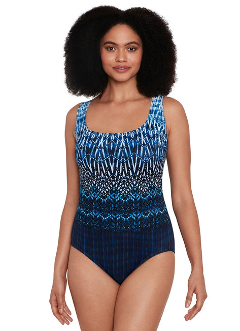 Longitude Women's Crown Jewels Double Cross Back Tank Long Torso One Piece Swimsuit