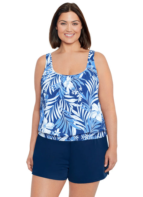 Shape Solver By Penbrooke Women's Plus Size In My Blues Shirred Neck Blouson Tankini Top