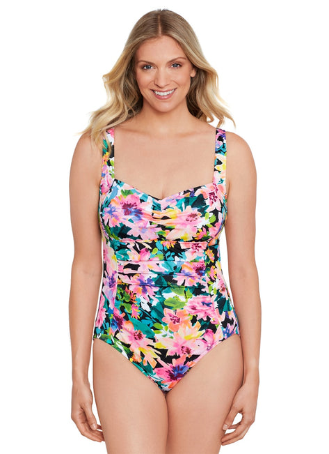 Shape Solver By Penbrooke Women's Glowing Pains Spa Chlorine Resistant Shirred Bodice One Piece Swimsuit