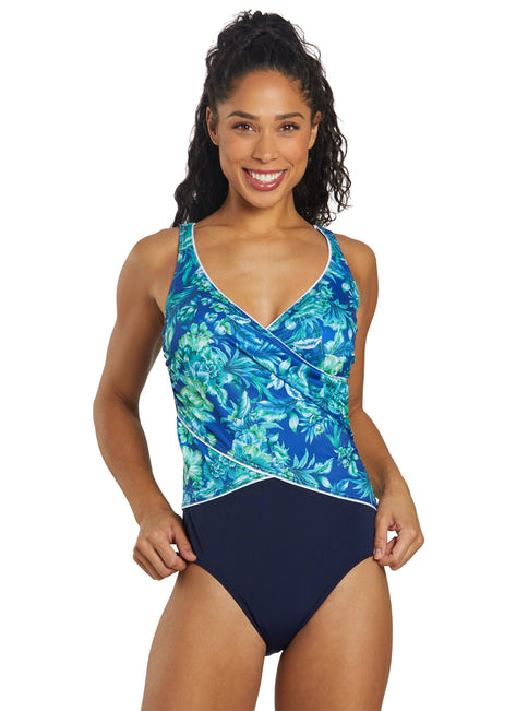 FINZ Women's Hibiscus Crossover One Piece Swimsuit (E/F Cup)