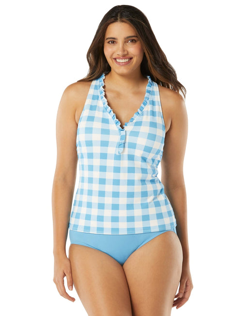 Beach House Women's Summer Gingham Nina Ruffle Trim Racerback Tankini Top