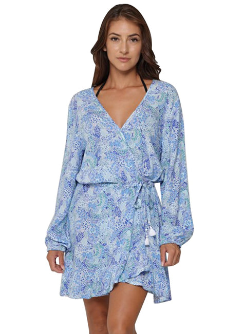 J.Valdi Women's Sea Glass Draw String Ruffle Cover Up Dress