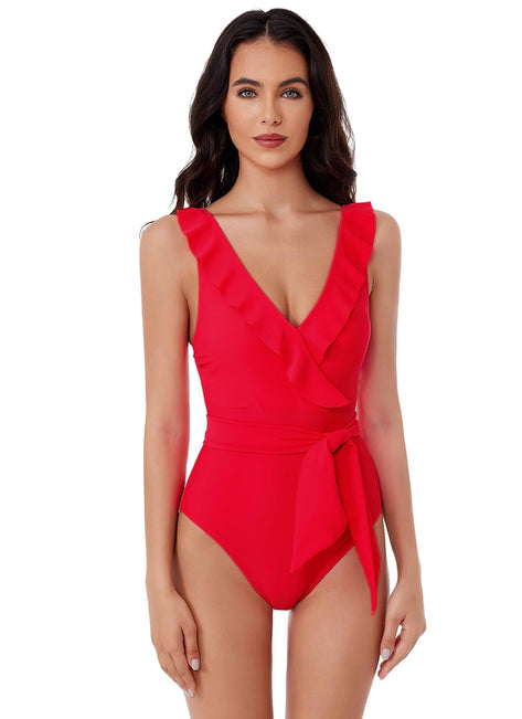 BCA by Rebecca Virtue Women's Ruffle Romance Neck One Piece Swimsuit