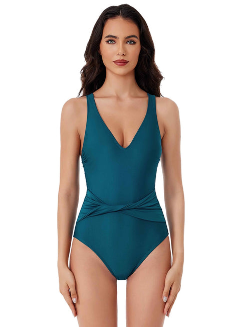 BCA by Rebecca Virtue Women's Twist Waist Belt One Piece Swimsuit