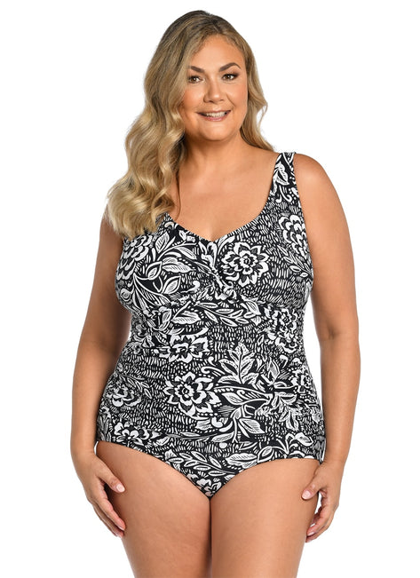 Maxine Women's Plus Size Tahitian Tribe Floral Twist Front One Piece Swimsuit