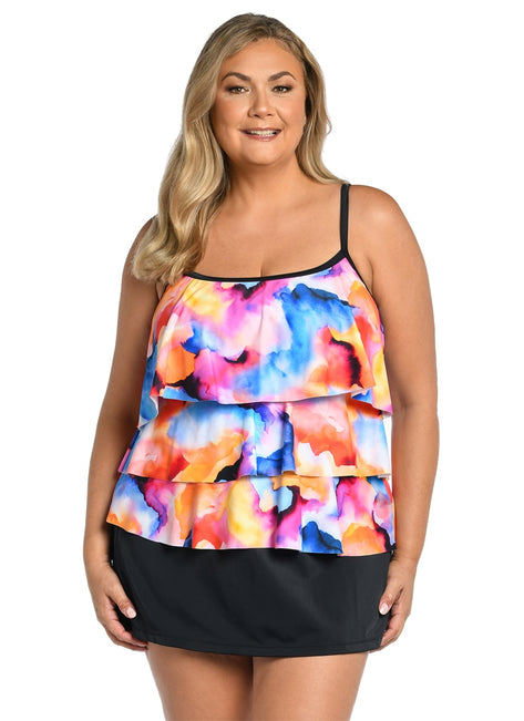 Maxine Women's Plus Size Watercolor Bliss Tiered Tankini Top