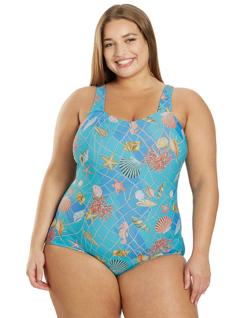 Sporti Plus Size Caribbean Sea Moderate Printed Sweetheart One Piece Swimsuit