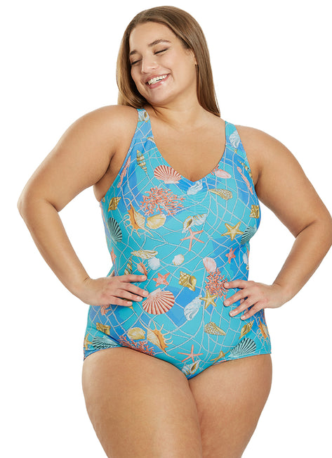 Sporti Plus Size Caribbean Sea Conservative Printed Girl Leg One Piece Swimsuit