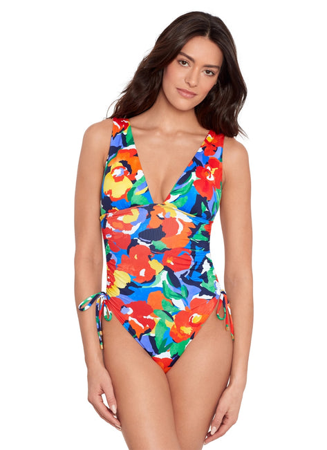 Lauren Ralph Lauren Bold Floral Shirred Plunge One Piece Swimsuit