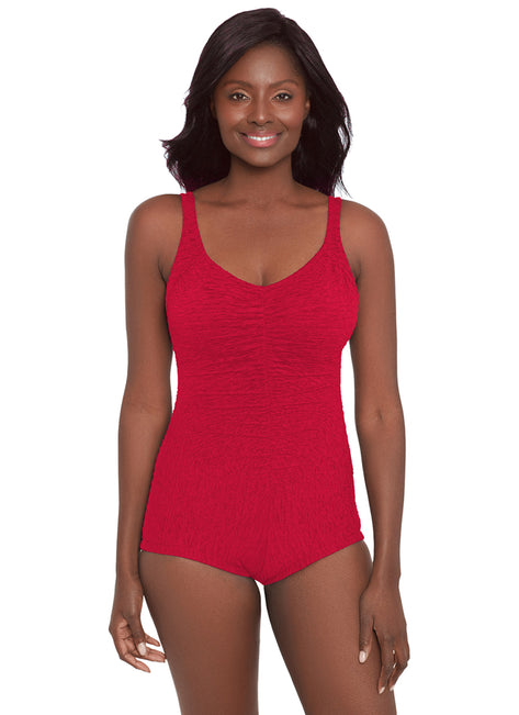 Krinkle by Penbrooke Women's Krinkle Chlorine Resistant Shirred Front Girl Leg One Piece Swimsuit