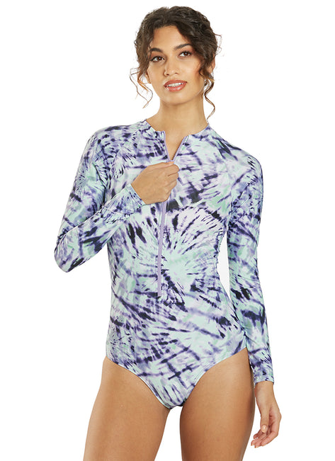 Sporti Active Moonlight Tie Dye Zip Front Long Sleeve One Piece Swimsuit